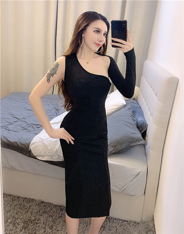 CM-DF122226 Women Trendy Seoul Style Sexy Off Shoulder Skinny Cotton Dress - Black