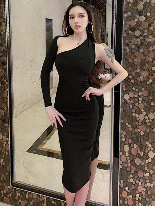 CM-DF122226 Women Trendy Seoul Style Sexy Off Shoulder Skinny Cotton Dress - Black
