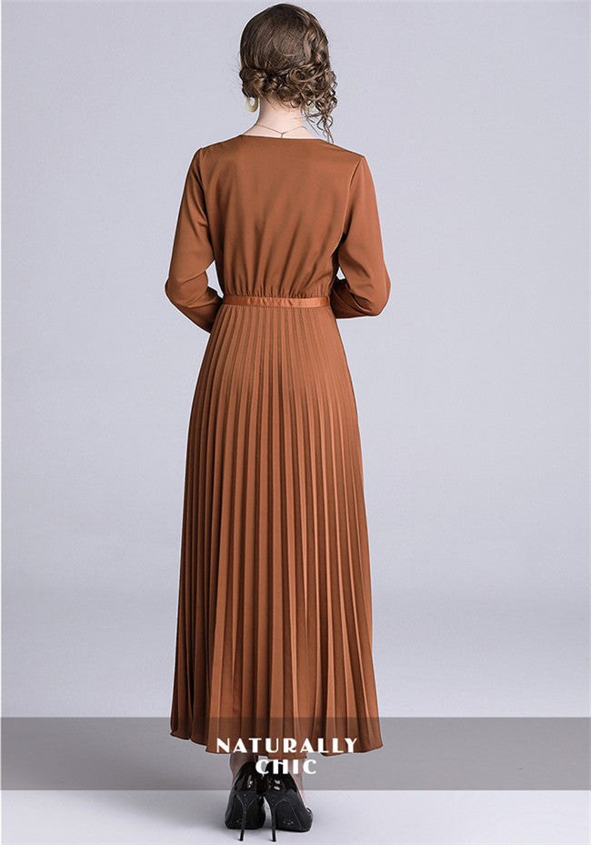 CM-DF122227 Women Elegant European Style V-Neck High Waist Pleated Maxi Dress