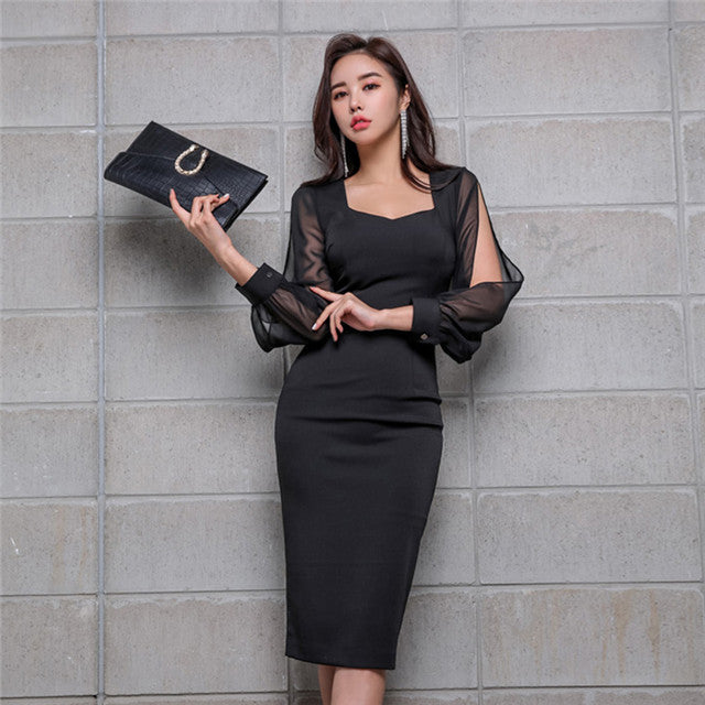 CM-DF122230 Women Elegant Seoul Style Square Collar Chiffon Sleeve Bodycon Dress - Black
