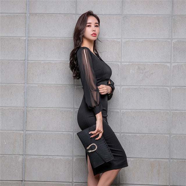 CM-DF122230 Women Elegant Seoul Style Square Collar Chiffon Sleeve Bodycon Dress - Black