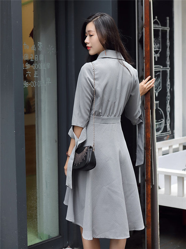 CM-DF122320 Women Elegant Seoul Style 3/4 Sleeve Tailored Collar Flouncing A-Line Dress