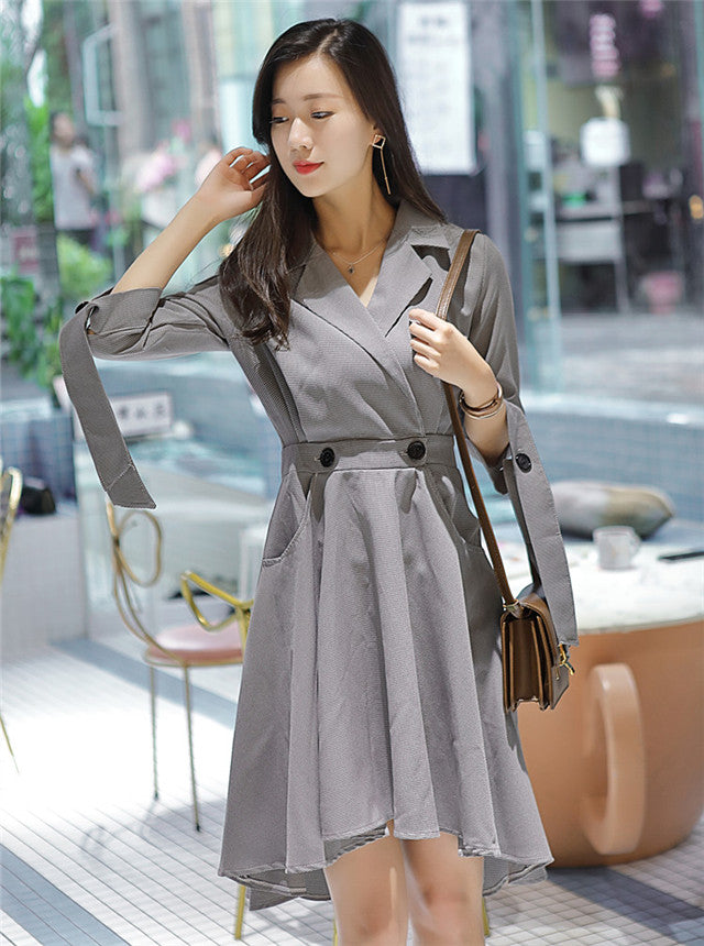 CM-DF122320 Women Elegant Seoul Style 3/4 Sleeve Tailored Collar Flouncing A-Line Dress