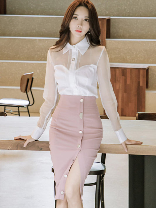 CM-SF122423 Women Modern Seoul Style Gauze Long Sleeve Blouse With High Waist Skirt - Set