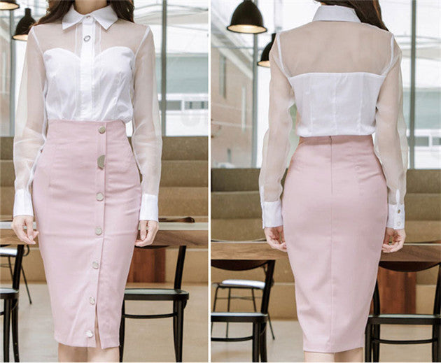 CM-SF122423 Women Modern Seoul Style Gauze Long Sleeve Blouse With High Waist Skirt - Set