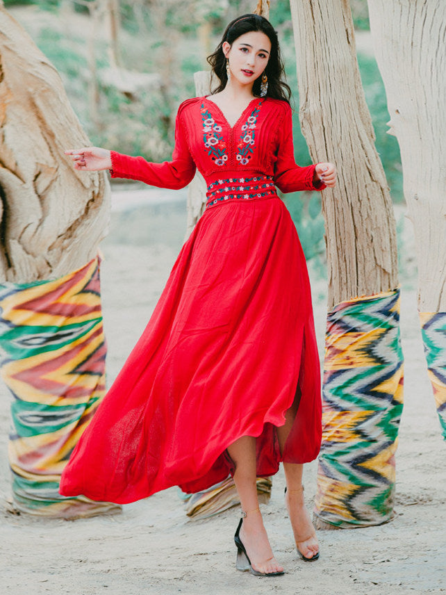 CM-DF122428 Women Casual Bohemian Style Floral Embroidery Split Maxi Dress - Red