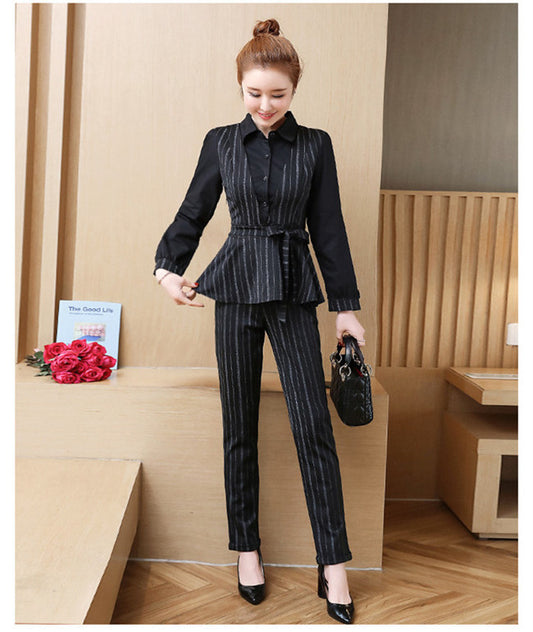 CM-SF122722 Women Elegant Seoul Style Shirt Collar Flouncing Stripes Leisure Suits - Set