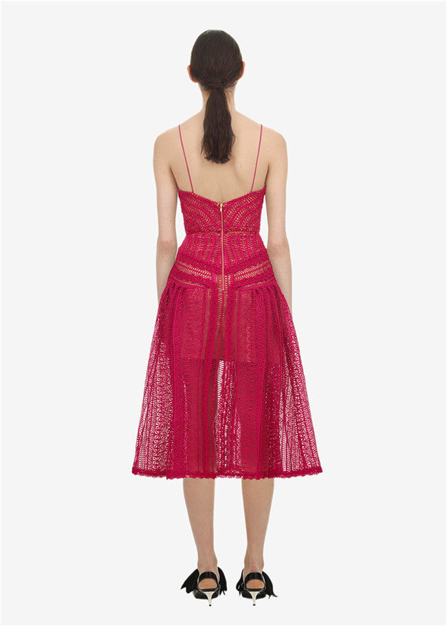 CM-EF122821 Women Elegant European Style High Waist Hollow Out Straps A-Line Dress - Red