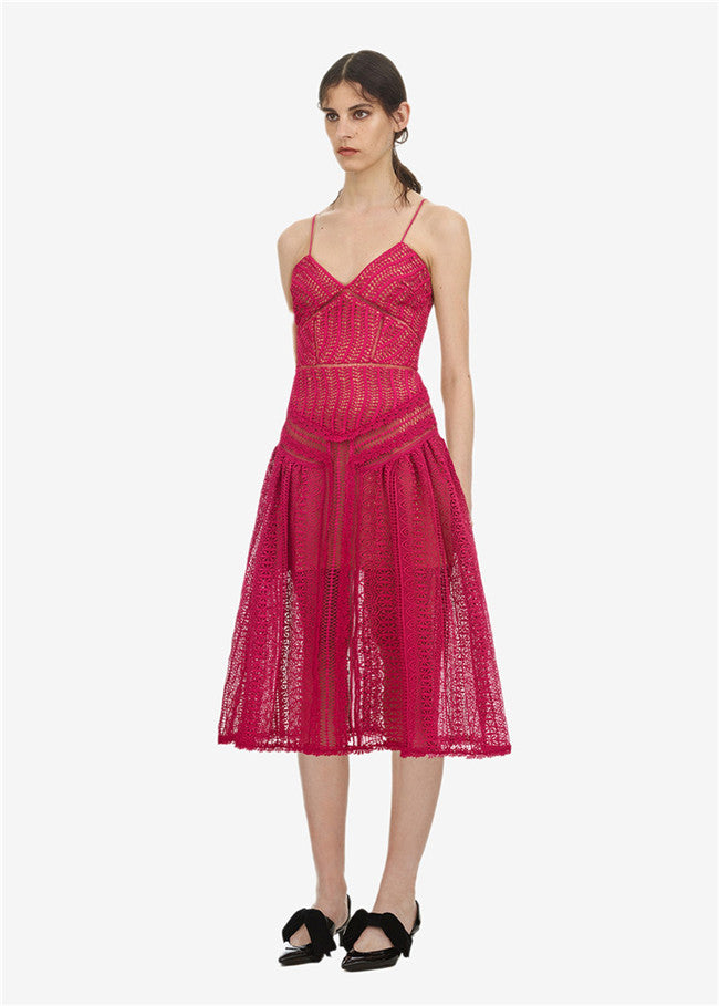 CM-EF122821 Women Elegant European Style High Waist Hollow Out Straps A-Line Dress - Red