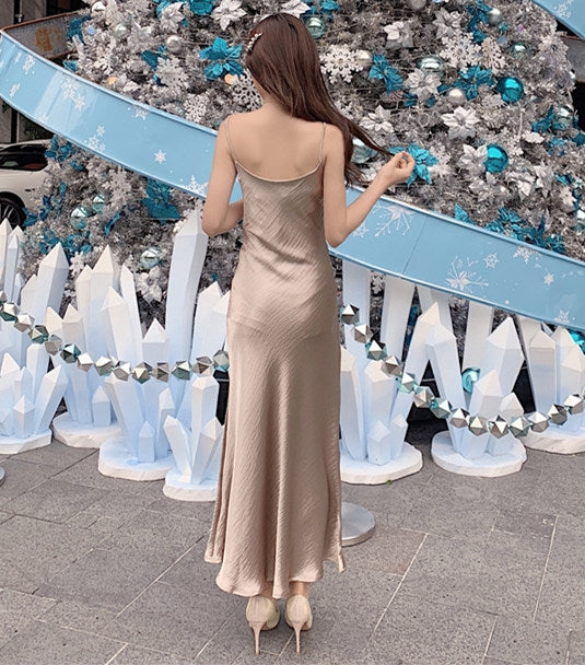 CM-DF122838 Women Elegant Seoul Style Charming Slim Waist Straps Fishtail Maxi Dress
