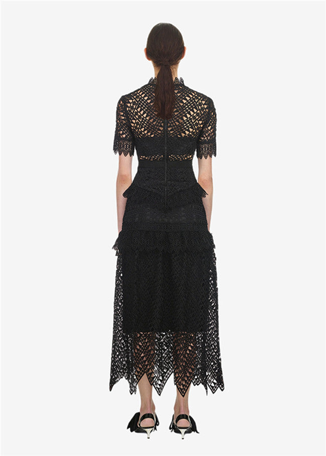 CM-EF123128 Women Elegant European Style High Waist Hollow Out Lace Long Dress - Black