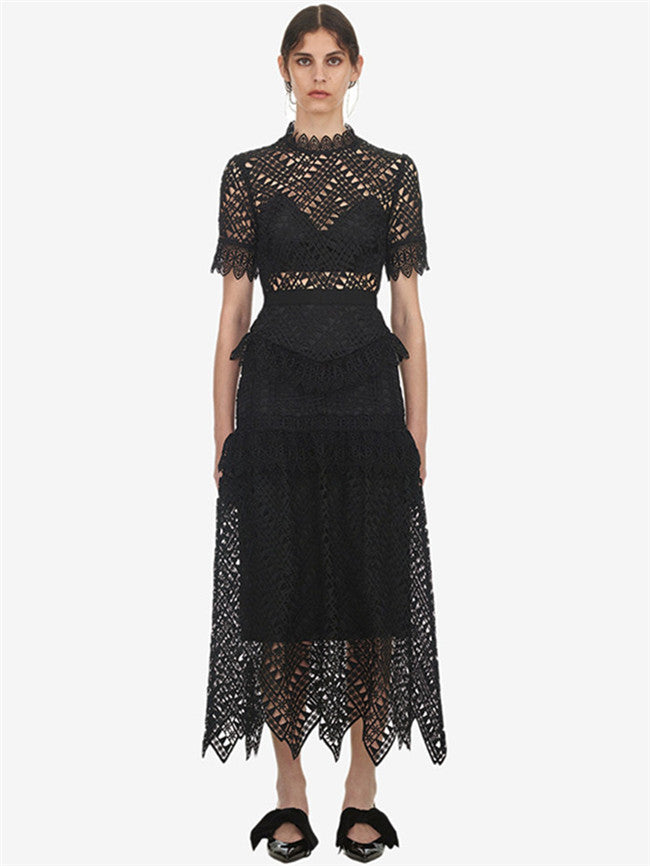 CM-EF123128 Women Elegant European Style High Waist Hollow Out Lace Long Dress - Black