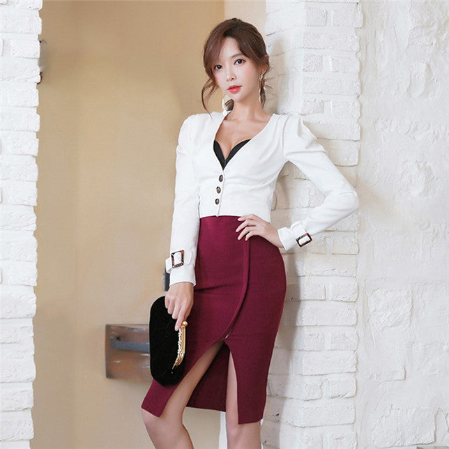 CM-SF010116 Women Elegant Seoul Style Buttons V-Neck Blouse With Skinny Skirt - Set