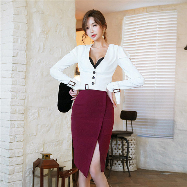 CM-SF010116 Women Elegant Seoul Style Buttons V-Neck Blouse With Skinny Skirt - Set