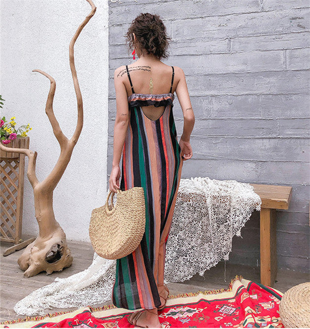 CM-DF010223 Women Casual Bohemian Style Single-Breasted Stripes Chiffon Long Dress
