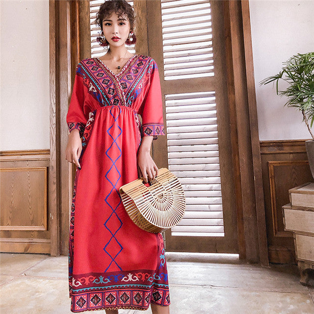 CM-DF010226 Women Casual Bohemian Style V-Neck Elastic Waist Maxi Dress - Red