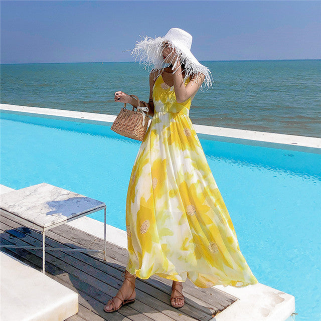 CM-DF010413 Women Casual Seoul Style Backless Floral Backless Maxi Dress - Yellow