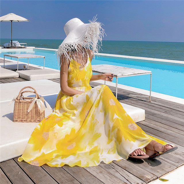 CM-DF010413 Women Casual Seoul Style Backless Floral Backless Maxi Dress - Yellow