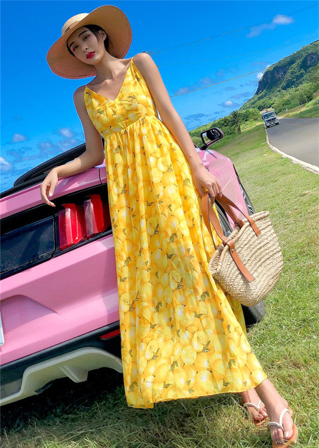 CM-DF010530 Women Casual Bohemian Style High Waist Backless Dress - Yellow
