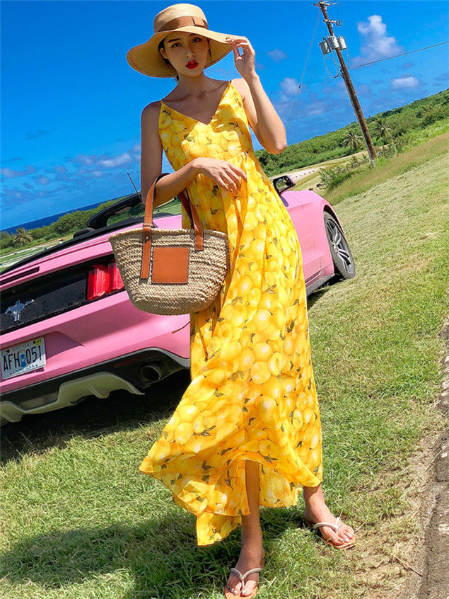 CM-DF010530 Women Casual Bohemian Style High Waist Backless Dress - Yellow