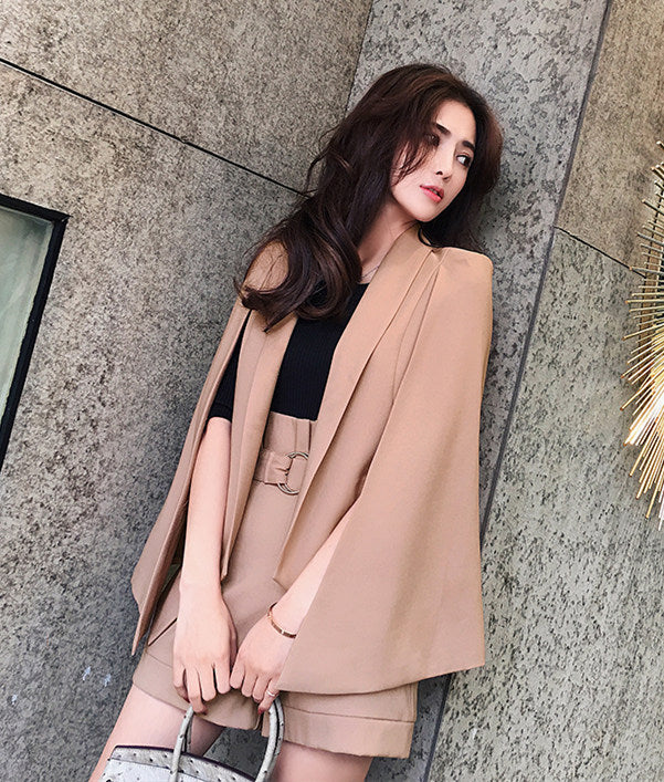 CM-SF010601 Women Elegant Seoul Style Khaki Wraps Coat With Short Pants - Set