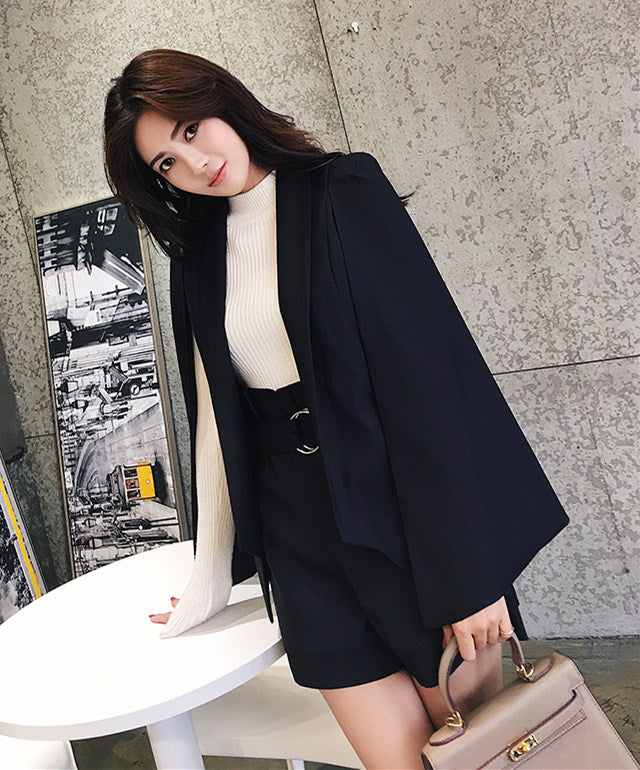 CM-SF010601 Women Elegant Seoul Style Black Wraps Coat With Short Pants - Set