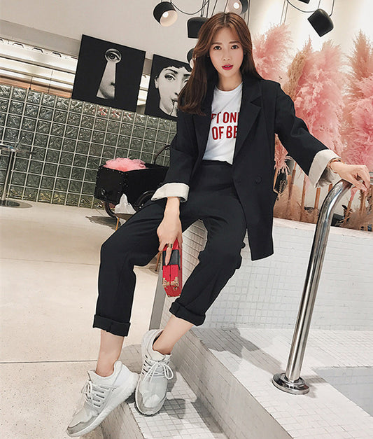 CM-SF010605 Women Elegant Modern Seoul Style Black Tailored Collar Leisure Suits - Set