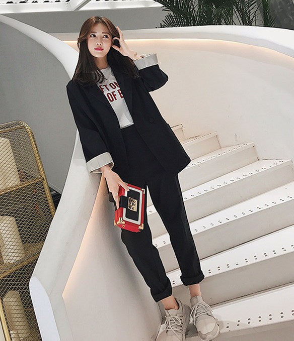 CM-SF010605 Women Elegant Modern Seoul Style Black Tailored Collar Leisure Suits - Set