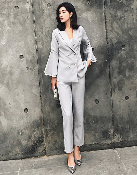 CM-SF010612 Women Retro European Style Double-Breasted Flare Sleeve Slim Long Suits - Set