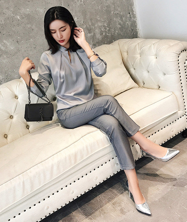 CM-SF010613 Women Casual Seoul Style Beads Collar Blouse With Skinny Long Pants - Set