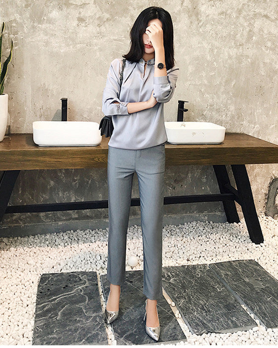 CM-SF010613 Women Casual Seoul Style Beads Collar Blouse With Skinny Long Pants - Set