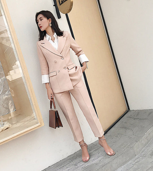 CM-SF010616 Women Elegant European Style Apricot Tailored Collar Slim Leisure Suits - Set