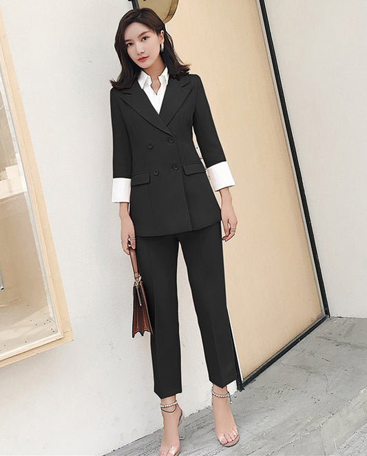 CM-SF010616 Women Elegant European Style Black Tailored Collar Slim Leisure Suits - Set