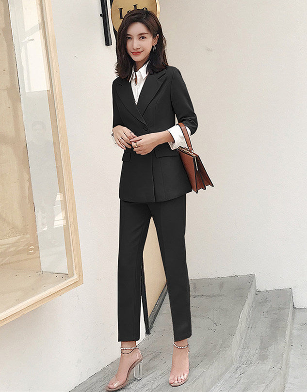 CM-SF010616 Women Elegant European Style Black Tailored Collar Slim Leisure Suits - Set