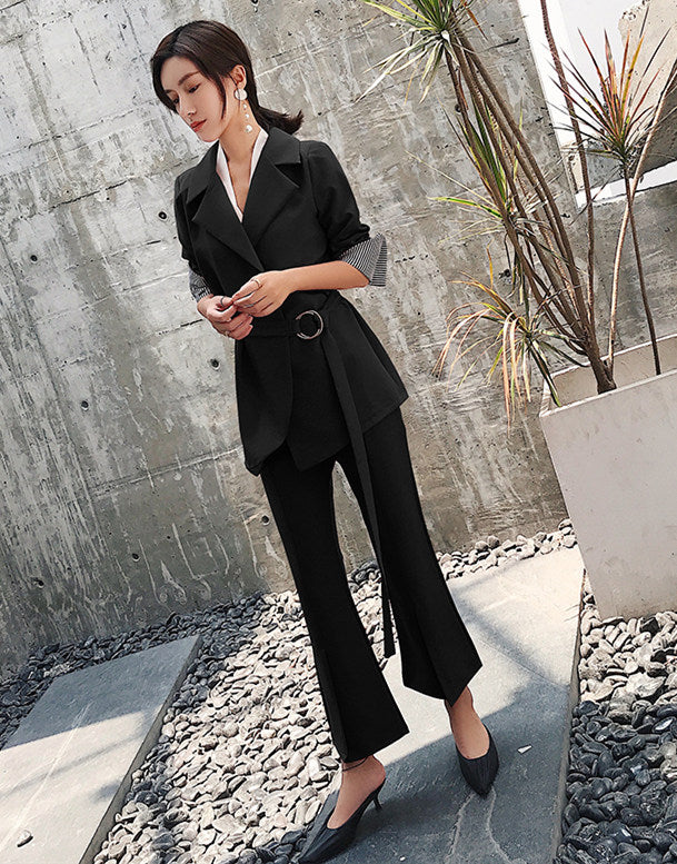 CM-SF010617 Women Elegant European Style Black Turndown Collar Leisure Suits - Set