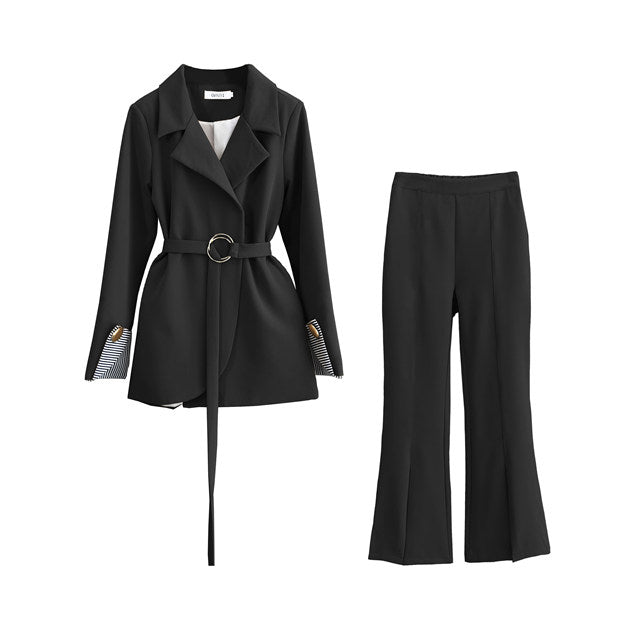 CM-SF010617 Women Elegant European Style Black Turndown Collar Leisure Suits - Set
