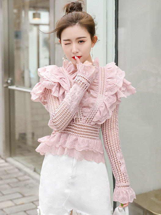 CM-TF011119 Women Elegant Seoul Style Flouncing V-Neck Hollow Out Lace Blouse - Pink
