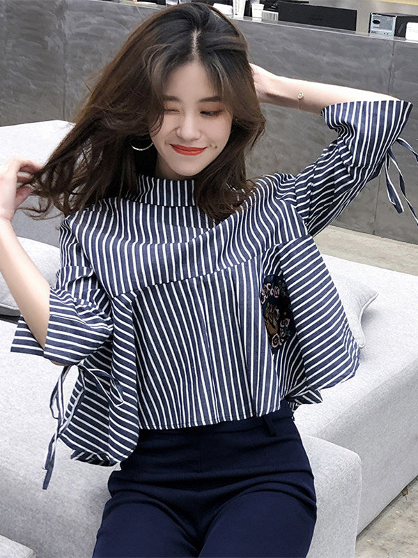 CM-TF011227 Women Preppy Seoul Style Stand Collar Patches Stripes Loosen Blouse - Blue