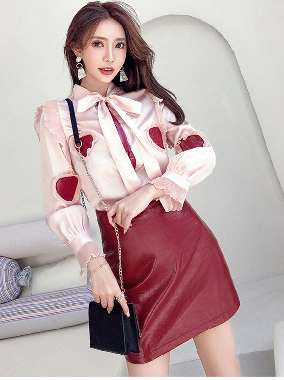 CM-SF011318 Women Elegant Seoul Style Heart Patches Blouse With Leather Skirt - Set