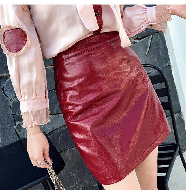 CM-SF011318 Women Elegant Seoul Style Heart Patches Blouse With Leather Skirt - Set