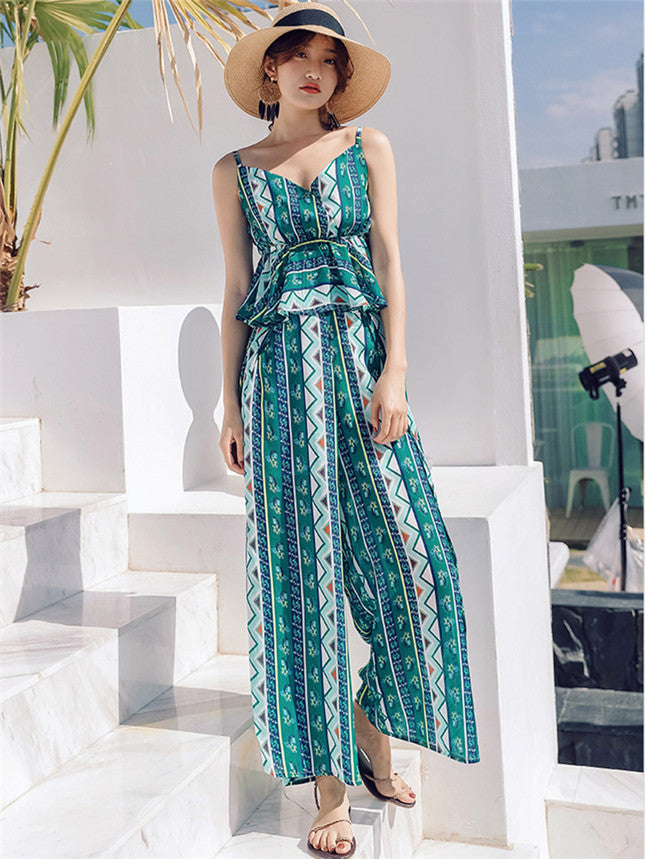 CM-SF011705 Women Casual Seoul Style Sleeveless Floral Top With High Waist Wide-Leg Pants - Set