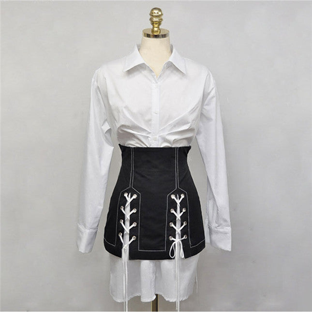 CM-SF011816 Women Casual Seoul Style Shirt Collar Loosen Dress With Tie Short Skirt - Set