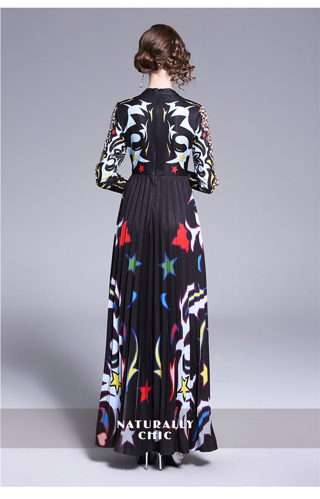 CM-DF021603 Women Elegant European Style Stand Collar Printed Pleated Maxi Dress - Black