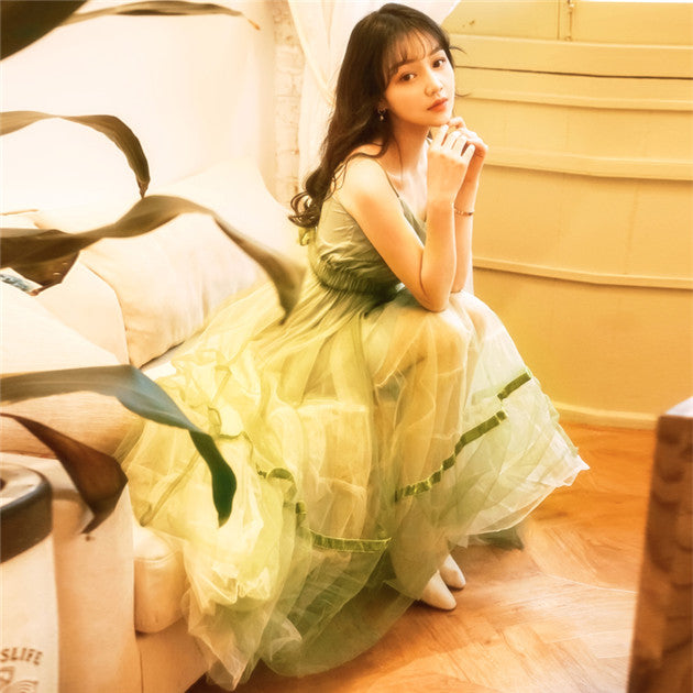 CM-DF022030 Women Elegant Seoul Style High Waist Gauze Flouncing Maxi Dress - Green