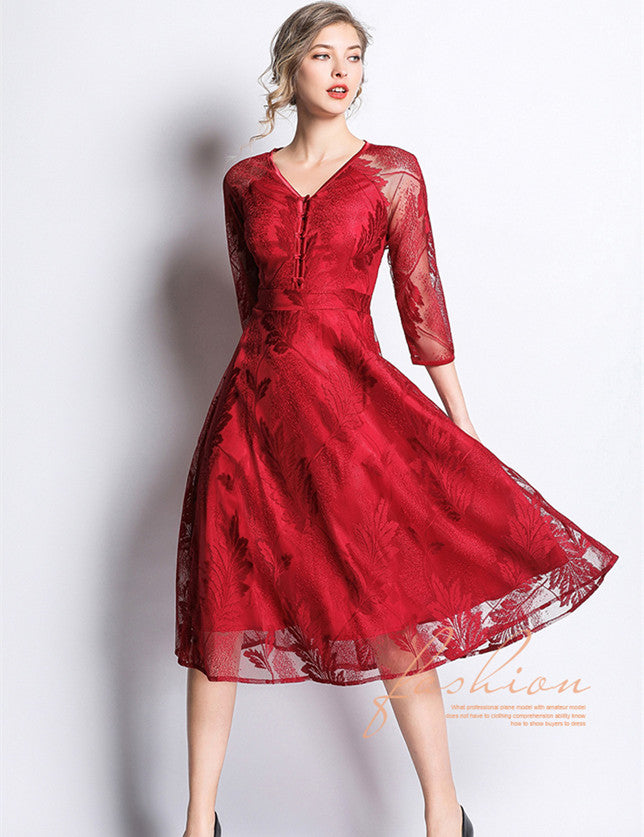 CM-DF022215 Women Elegant Seoul Style Buttons V-Neck Lace Floral Long Dress - Red