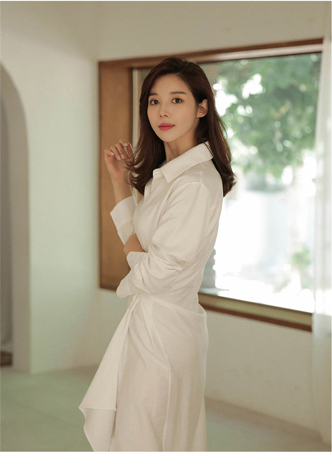 CM-DF022715 Women Casual Seoul Style High Waist Shirt Collar Long Dress - White