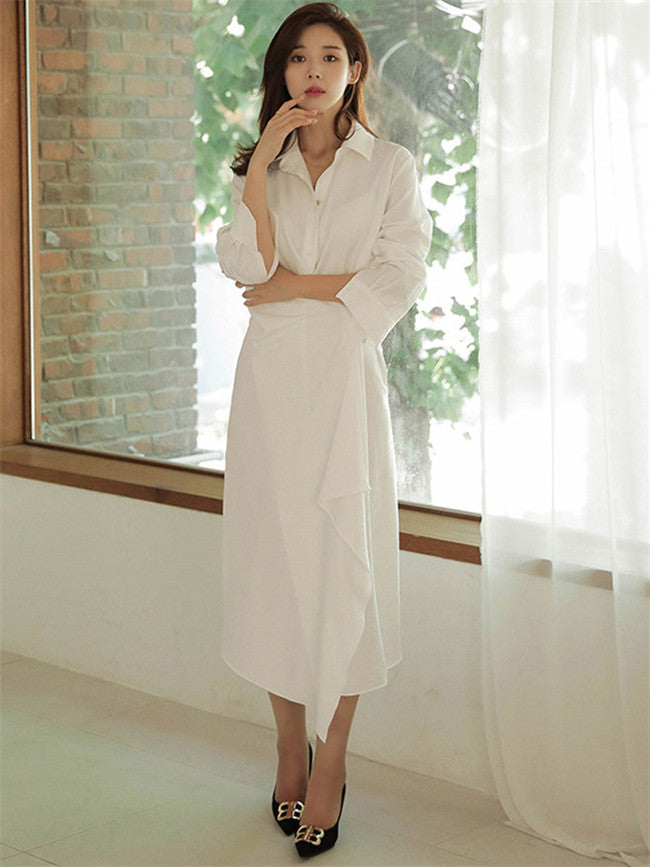 CM-DF022715 Women Casual Seoul Style High Waist Shirt Collar Long Dress - White