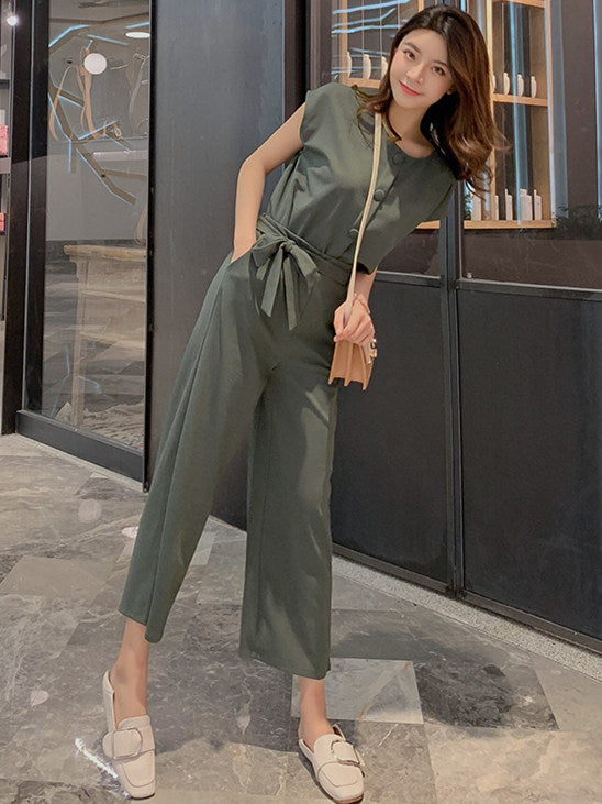 CM-SF030102 Women Seoul Style Short Sleeve Green Top With Tie Waist Wide-Leg Pants - Set