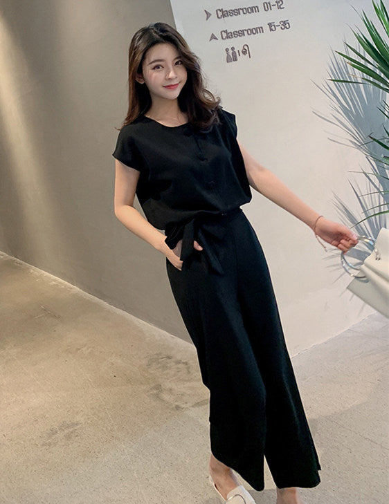 CM-SF030102 Women Seoul Style Short Sleeve Black Top With Tie Waist Wide-Leg Pants - Set