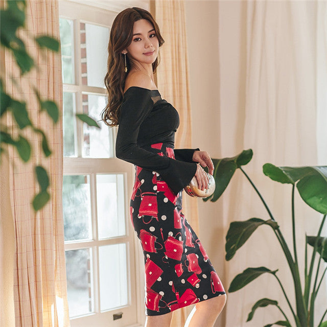 CM-SF030508 Women Elegant Seoul Style Boat Neck Slim Top With Printing Midi Skirt - Set